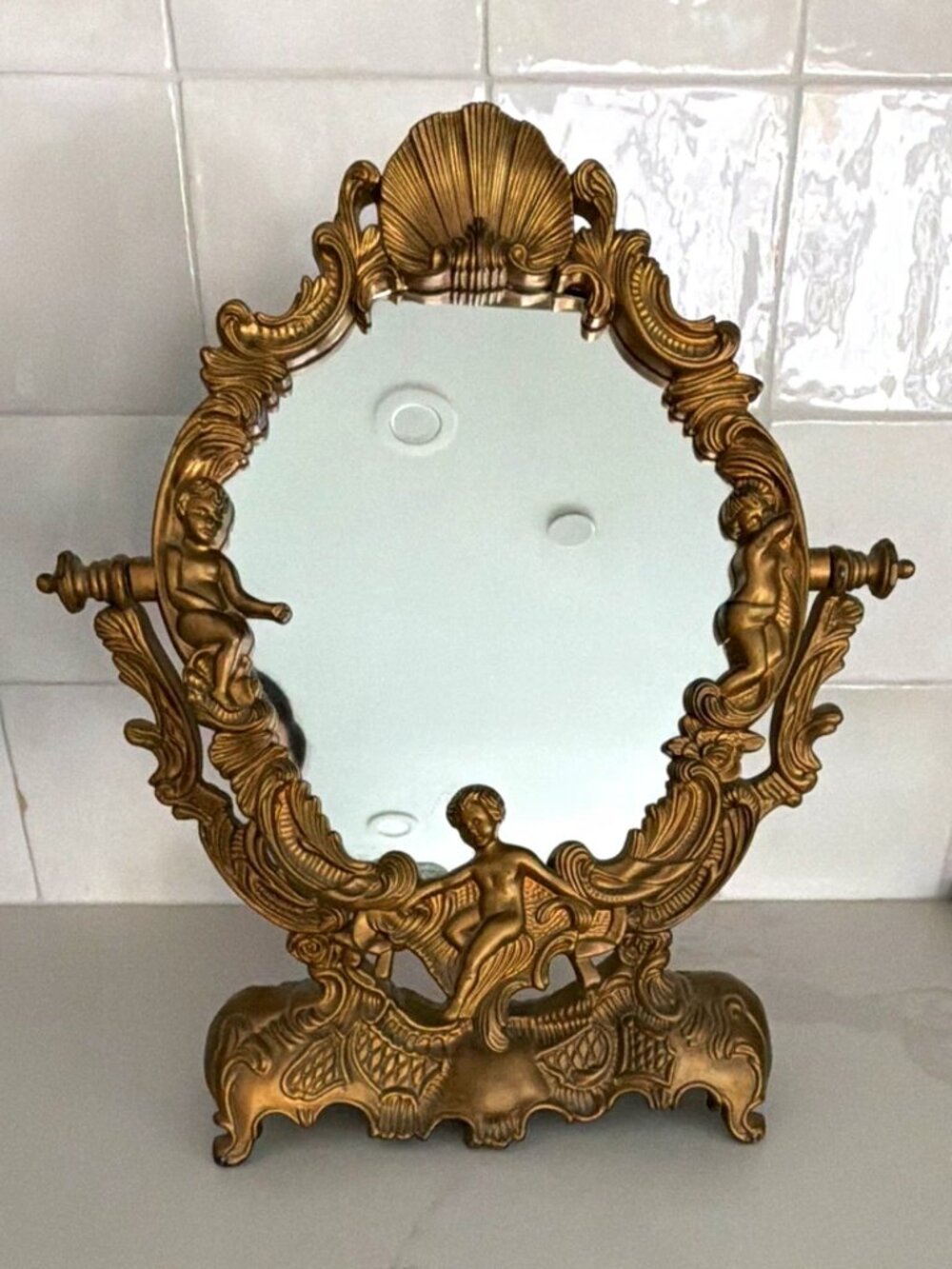 Vintage Ornate Gold Tone Tabletop Swivel Vanity Mirror Stand